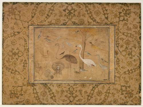 Drawing showing the fondness of the Mughal emperor for natural scenes. A variety of more than 20 different large and small birds, including peacocks, a turkey, mallard ducks, an ostrich, and a flamingo are depicted in this tinted single-page drawing of a landscape with trees, hills, and small buildings that suggest a village.